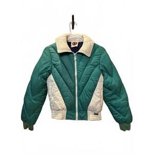 Vintage White Stag Ski Puffer Jacket XS Green Cream Retro Colorblock Winter Coat